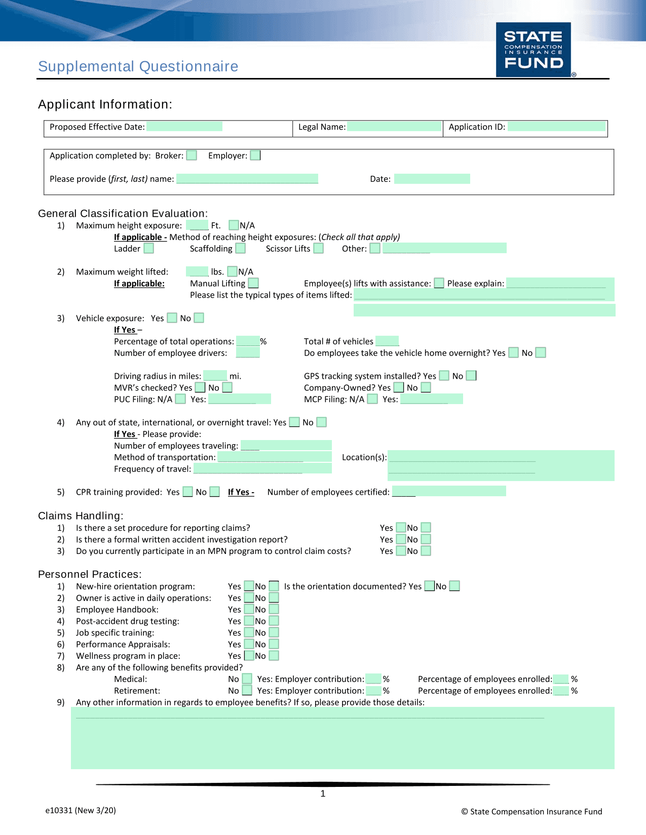 State Fund General Supplemental Questionnaire screenshot